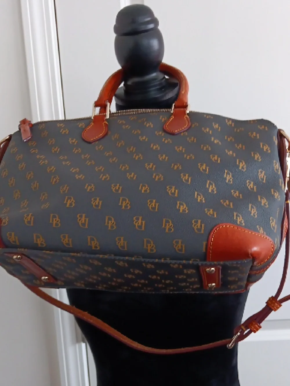 Dooney & Bourke Brown Monogram Handbag with Tan Leather Accents